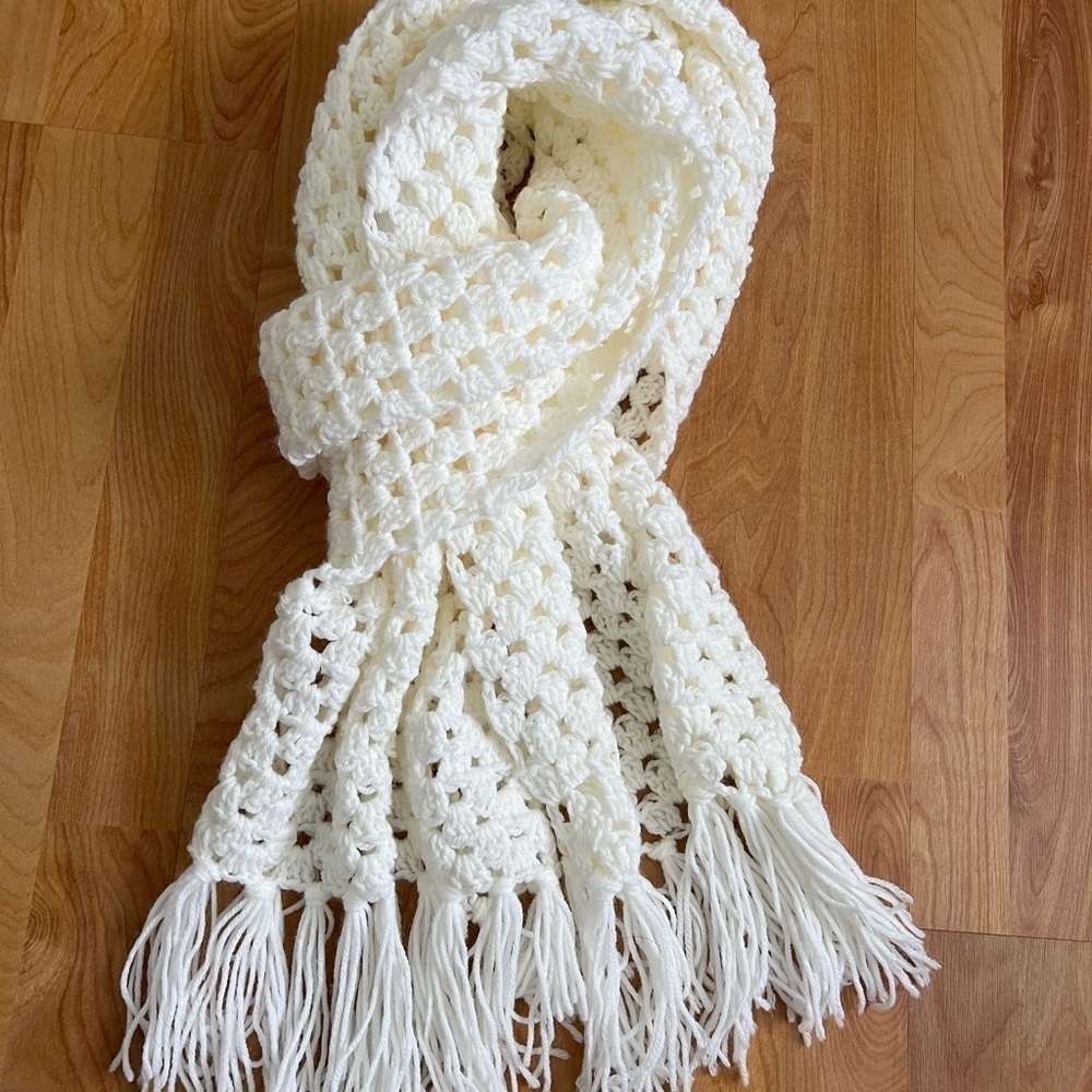 🧣 Handmade Crochet Muffler White 82” x 15”, 5” fringe (10 strand)